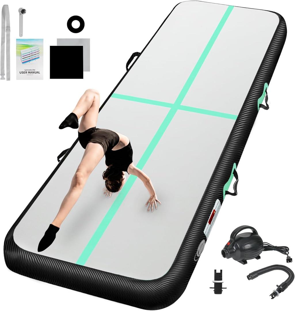 Inflatable Gymnastics Mat 10ft/13ft/16ft/20ft/ Air Tumbling Track Mats 4/8 inches Thick for Home Use/Training/Cheerleading/Yoga/Water with Pump (Green Black)