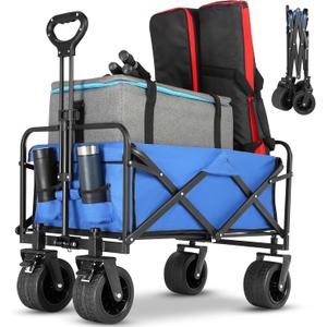 Collapsible Foldable Beach Wagon,Folding Wagon Cart with Big Wheels,Utility Grocery All Terrain Wagons carts Foldable with Brakes for Sand Camping Sports Outdoor(Lake Blue).