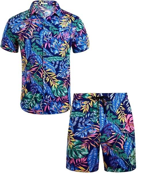 EISHOPEER Men's Flower Hawaiian Sets Casual Short Sleeve Shirt and Shorts Suits Outfits M