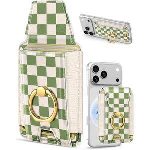 Shorogyt Compatible with Magsafe Wallet with Ring Grip Magnetic Card Holder - Cute Phone Wallets with Stand for iPhone 17/16/15/14/13/12 Series for Women Girls Green Grid Design, Fit 7 Cards