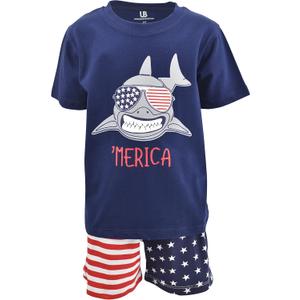 Boys 2pc Shorts Set Outfit Short Sleeve Shirt with Graphic Applique Print and Shorts (3T, Shark)