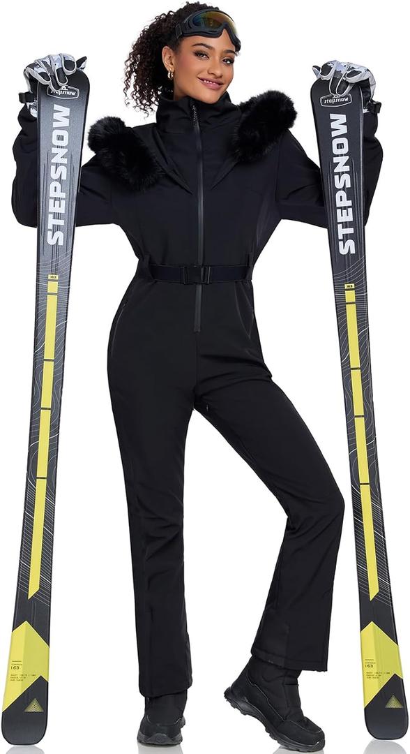 YEEFINE Women's Ski Suit One Piece Jumpsuits Snowsuits Waterproof Snowboard Suit Winter Outdoor Ski Jacket and Pants (Large, Black01)