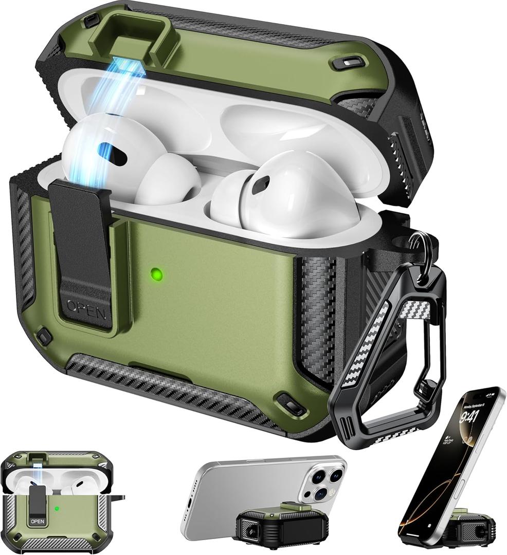 RFUNGUANGO Compatible AirPods Pro 2nd Generation Case with Phone Holder and Compatible Back Magnetic Suction Function, Suitable for AirPods Pro 2 Case, Military Green