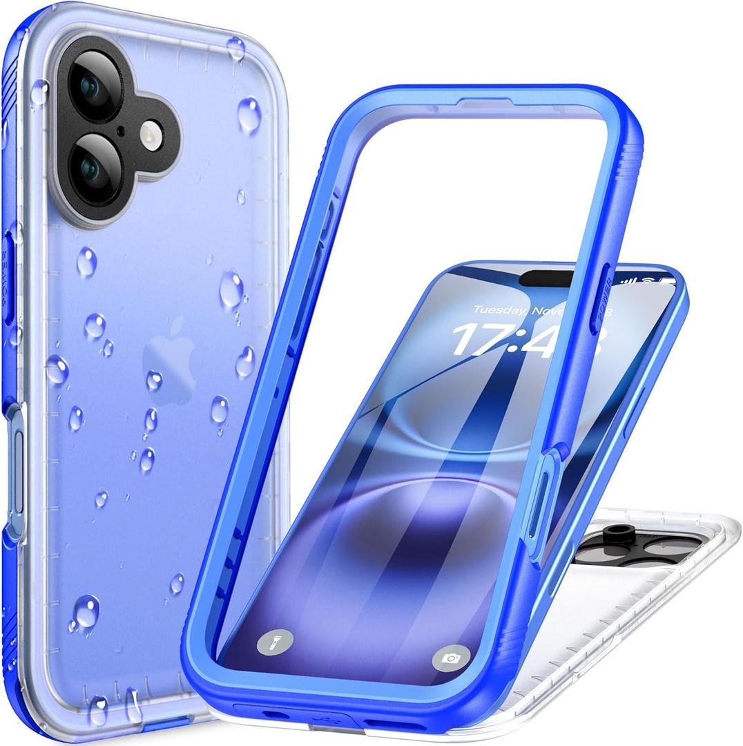 Cozycase for iPhone 16 Case Waterproof - 360 Heavy Duty with Screen/Camera Protector Shockproof IP68 Underwater Dustproof Water Dust Shock Proof Full Body/Front and Back Case Blue/Frosted Clear
