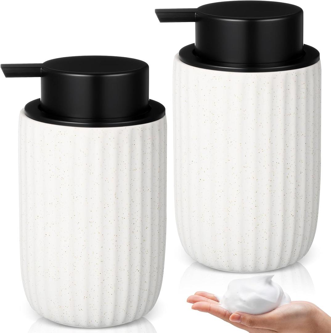 2 Pack Ceramic Foaming Hand Soap Dispenser Beige, Foam Dispenser with Black Pump 10 oz Speckled Rippled Refillable Liquid Lotion Soap Foam Bottle for Kitchen Bathroom (Foaming Pump)