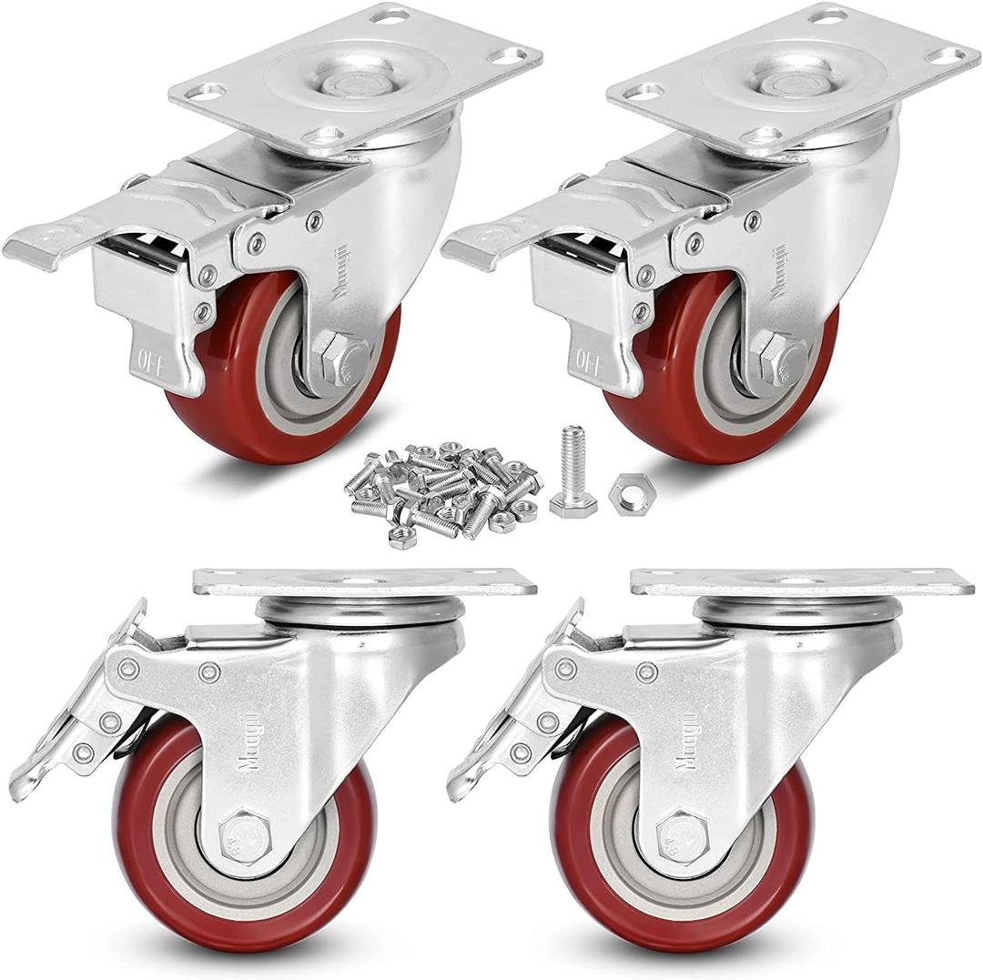 3 inch Heavy Duty Casters Load 1500lbs, Lockable Bearing Caster Wheels with Brakes, Swivel Casters for Furniture and Workbench Set of 4 (Free Screws)