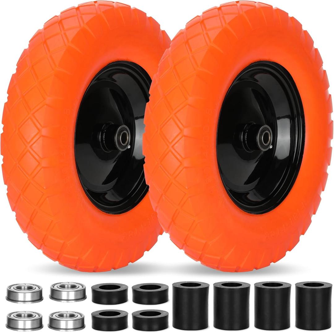 Upgraded 16" Flat Free Wheelbarrow Wheels and Tires, 4.80/4.00-8 Solid Tires with 5/8"&3/4" Bearings, Universal Fit for Wheelbarrows/Garden Trailer (orange)