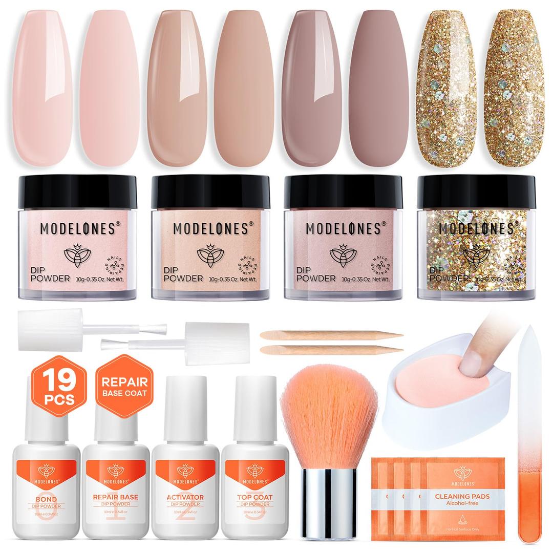 Modelones Nude Dip Powder Nail Kit, 4 Colors Brown Gold Glitter Dipping Starter Set with Liquid and Complete Accessories for French Nails Art Salon DIY at Home Manicure