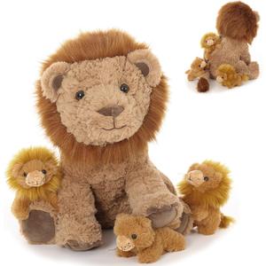 Lion Stuffed Animal Set, Mother Lion Plush with 3 Baby Lions in Mommy's Zippered Back, Wild Animal Stuffed Toy for Kids Boys Girls, Christmas Birthday