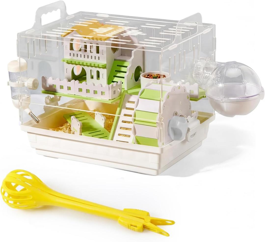 Loungewave Acrylic Hamster Cage, 2-Tier Gerbil Cage with Wooden Wheel, Small Dwarf Hamster Cage Habitat, Garden Mouse Cage for Pet Mice, Clear View Inside Easy to Clean, Green