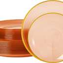 N9R 60PCS Orange Plastic Plates with Gold Trim  30 Dinner & 30 Dessert Plates, Circular Ribbed Design, Elegant Disposable Plates for Weddings, Events, Banquets, Special Occasions (Translucent Orange)
