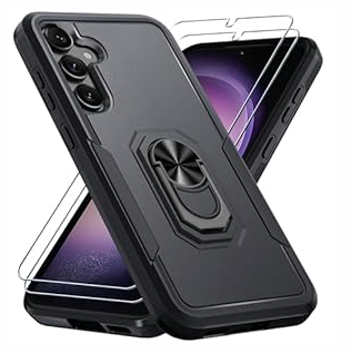 Janmitta for Samsung Galaxy S23 FE Case with 2 Pcs Screen Protector, Heavy Duty Shockproof Full Body Phone Cover Built in Rotatable Metal Ring Holder Kickstand, 2023 Black Matte