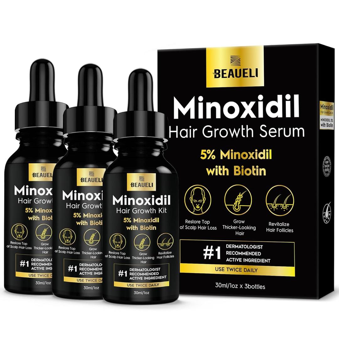 Beaueli 5% Minoxidil for Men and Women, Hair Growth, Beard Growth, Hair Regrowth, Unscented Drop, 3 Fl Oz, 3 Bottles