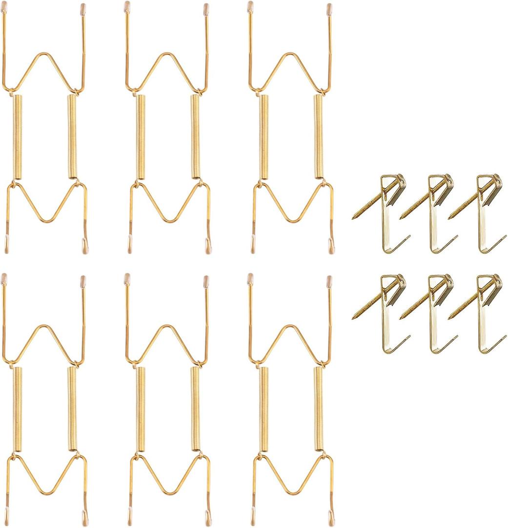 Bilillo 6 Pieces Invisible Heavy Duty Plate Holder, Stainless Steel Plate Hangers for The Wall, Plate Hangers for Display with Wall Hooks, Suitable for 6-8 inch Decorative Plattes and Arts (Gold)
