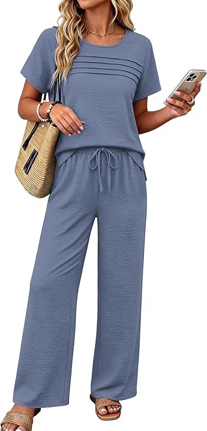 OFEEFAN Women's 2 Piece Outfits Summer Linen Wide Leg Pants Lounge Sets Cruise Airport Going Out Resort Wear Casual Suits Fashion Clothing Loose Side Slit Loungewear Blue XL