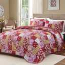 DJY Patchwork Quilt Set Queen Red Boho Bedsperad Classic Coverlet Set, 3 Pieces Bohemian Quilts Red Purple Bedding Set, Soft Microfiber Reversible Plaid Patchwork Bedspreads(96''x90'')