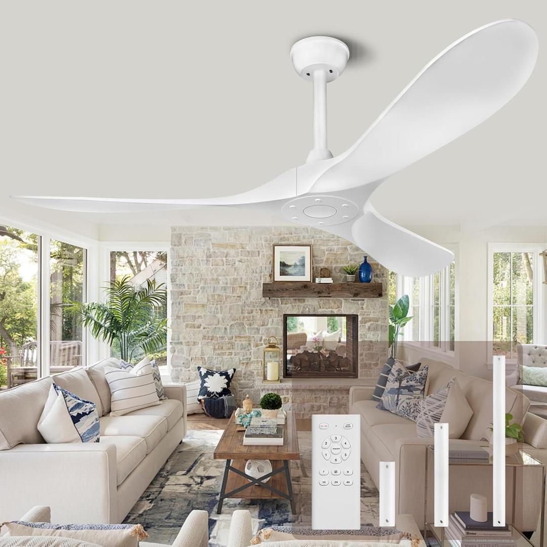 Ceiling Fan with Remote Control No Light, 52" Low Profile Ceiling Fan Outdoor/Indoor, 3 Blades 6 Speeds Reversible DC Motor Modern Ceiling Fans for Patio, Bedroom, Living Room, Porch (White) (52" White)