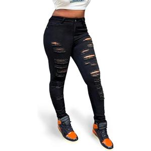 Women's Ripped Skinny Jeans Slim Fit Stretch High Waisted Butt Lift Tummy Control Distressed Denim Pants (X-Large, Black)