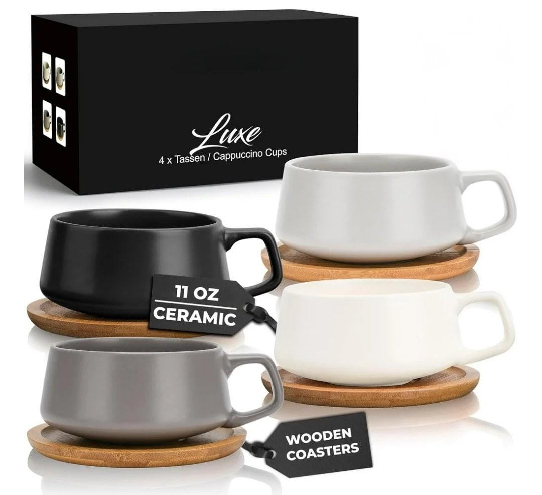 MIAMIO-11 Oz., Set of 4 Ceramic Tea Cup and Saucer Bamboo/Tea Mug - Wide Cappuccino Cup, Coffee Cups Ceramic Mug for Cappuccino, Latte, Espresso. & Americano -Luxe Collection (Classic Pastel)