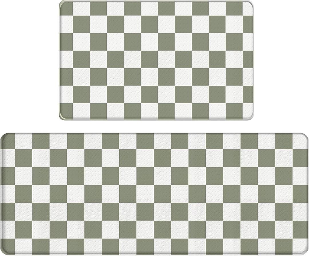 Bulijojo Buffalo Plaid Anti Fatigue Kitchen Floor Mats Set of 2 Waterproof Kitchen Sink Runner Rug Standing Mat Cushioned Kitchen Rugs Comfort Doormat 17"x47"+17"x30" Sage Green