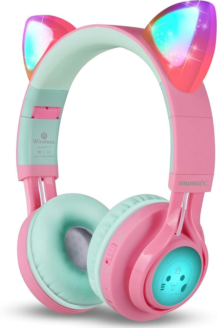 Riwbox CT-7 Cat Ear Bluetooth Headphones, LED Light Up Bluetooth Wireless Over Ear Headphones with Microphone and Volume Control for Travel/School/Smartphones/Laptop/PC/TV (Pink&Green)