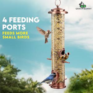 Gray Bunny Metal Bird Feeder, 4-Port Wild Bird Feeders for Outdoors Hanging, Heavy Duty Chew-Proof and Rust-Proof Tube Feeder, 15 Inches