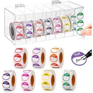 3500 PCS 7 Days of The Week Stickers 1 Inch Sticker Roll Dispenser Holder Acrylic Day Dot Dispenser Food Date Labels Stickers Monday to Sunday for Kitchen Restaurant Expiration Date
