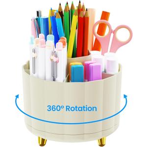 360 Degree Rotating Pen Holder for Desk, 6 Slots Desktop Organizer Caddy for Pens, Pencils, Markers, Multi-Functional Pencil Cup & Office Supplies Holder, Beige
