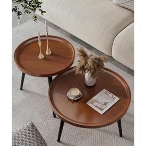 2-Piece Walnut Coffee Table,Durable Mid Century Small Round Coffee Tables for Living Room,Easy Assembly Modern Nesting Coffee Tables Set,Circle Side Tables for Sofa Bedside Balcony