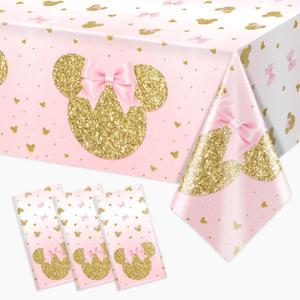3 Pieces Pink Mouse Birthday Tablecover Gold Mouse Head Cartoon Plastic Party Tablecloth Disposable Table Decoration for Kids Girls