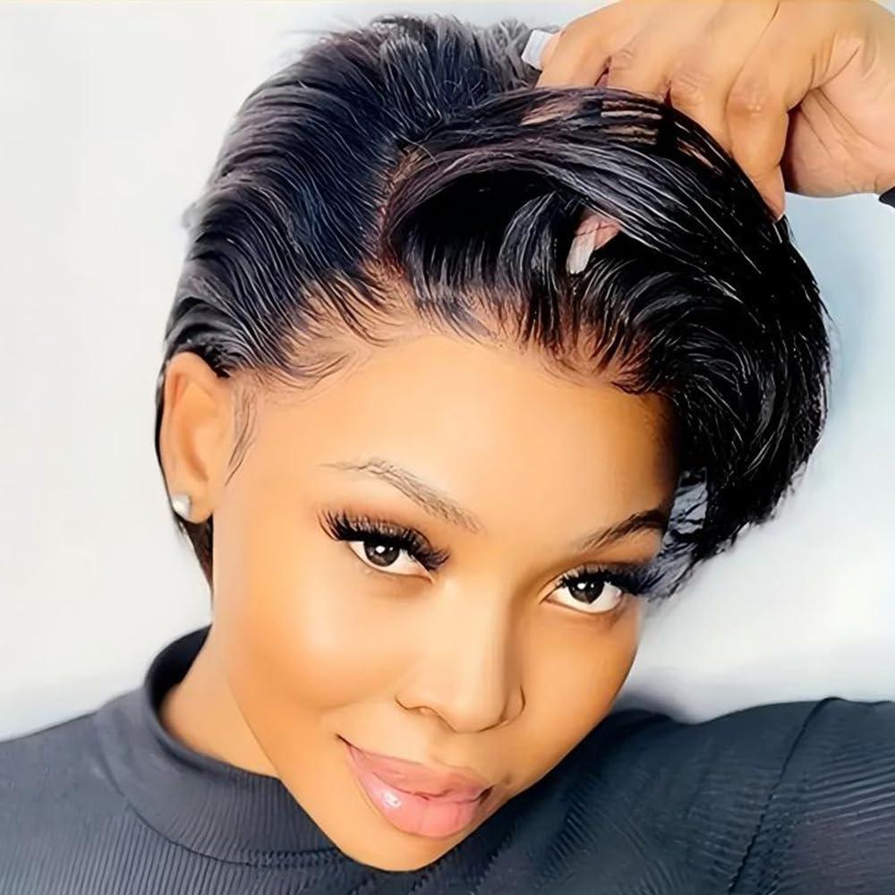 RICONEY Short Lace Front Wig for Black Women Human Hair Glueless Pixie Cut Wig with Bangs Short Bob Natural