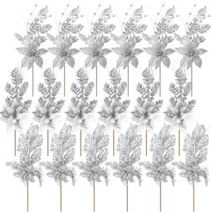 18 Pack 3 Styles 17 Inch Christmas Glitter Poinsettia Berry Stems Ornaments Artificial Floral Branches Picks for Christmas Tree Home Vase Holiday Party Decor(Silver)