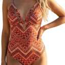LIZENS Women's Halter Neck Swimsuit One Piece V-Neck Swimwear Ethnic