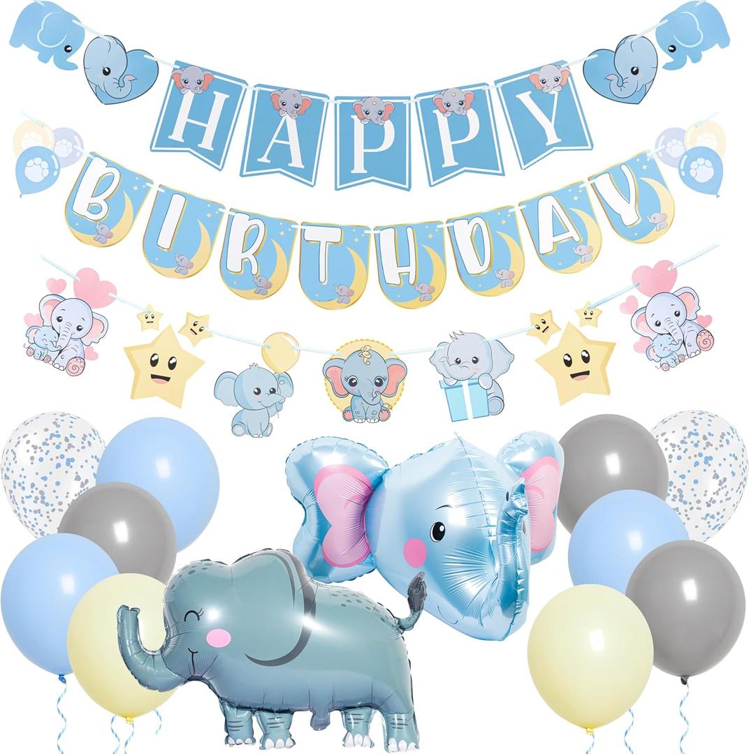 Pirese Elephant Birthday Banner Kit, Baby Elephant Party Decorations with Balloons, Cute First Birthday Decor for Boys or Girls, Jungle Safari Baby Shower Supplies