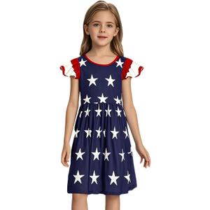 RONGTAI Girls 4th of July Dress Kids American Flag Patriotic Stars Striped Summer A Line Dresses for Kids Independence Day (Blue 2)