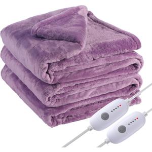 Electric Heated Blanket Queen Size 84"x90", Soft Plush Microplush for Bed, Dual Controllers & Heating Zones, 10Hs Auto Off & 5 Heating Levels, Machine Washable, Gifts for Family-Light Purple