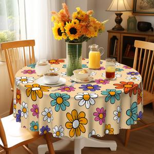 Eikione Round Tablecloth Wrinkle Free Table Cover Floral Daisy Tablecloths 60 Inch Table Cover for Kitchen Dining Table