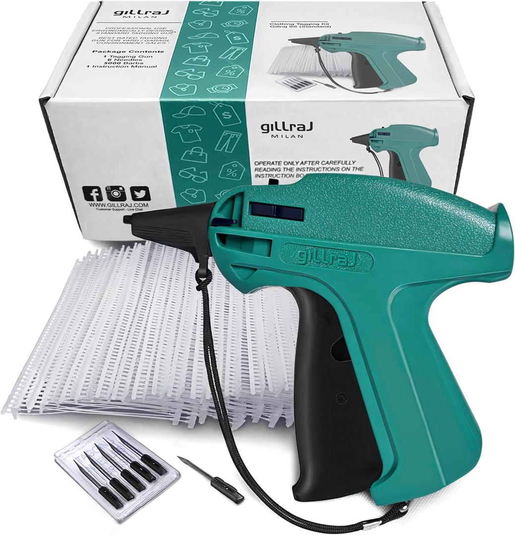 GILLRAJ Price Tagging Gun Not a Stitch Gun Jumbo Pack 5000pcs 2" Long Barbs & 6 Needles, Clothing Hang Tag Attacher Gun for Retail Consignment Garage Yard Sale (Tag Gun Set with 5000 x 2" Pins)