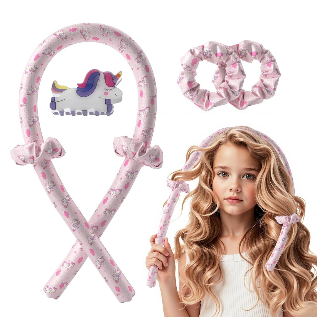 Girls Heatless Curls Overnight, Kids Unicorn Hair Rollers with Hair Clips, Hair Accessories for Little Girls & Teenage & Sister, Birthday Gifts Trendy Stuff - Pink (1 Count (Pack of 1))