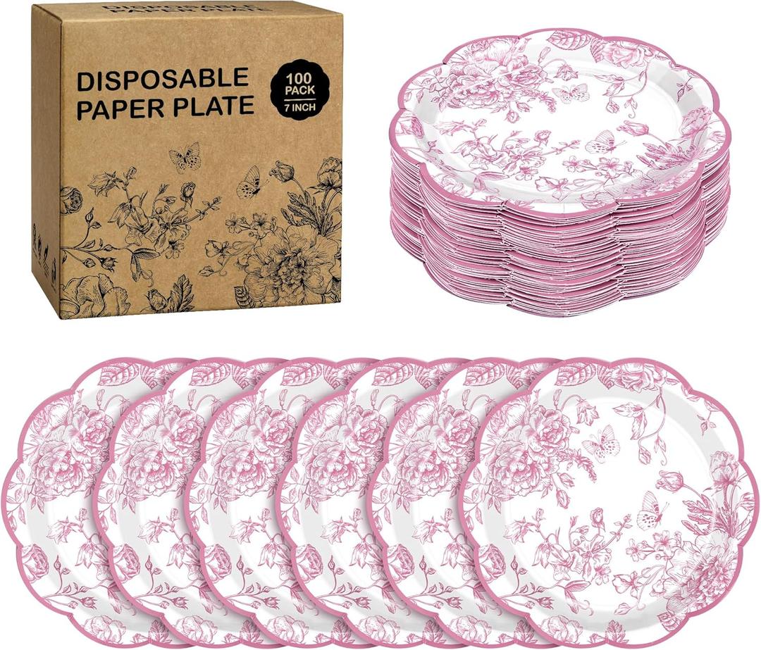 100 Pieces Pink Flower Paper Plates 7 Inches Disposable Floral Paper Plates Scalloped Pink and White Chinoiserie Vintage Flower Dessert Plates for Wedding Birthday Holiday Party Supplies 100 Pieces Pink Flower Paper Plates 7 Inches Disposable Floral Paper Plates Scalloped Pink and White Chinoiserie Vintage Flower Dessert Plates for Wedding Birthday Holiday Party Supplies