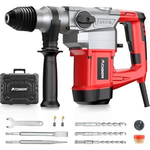 AOBEN 1-1/4 Inch SDS-Plus Rotary Hammer Drill with Vibration Control and Safety Clutch,10 Amp Heavy Duty Demolition Hammer for Concrete-Including 3 Drill Bits, Flat Chisels, Point Chisels
