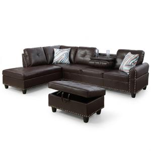 Leather Sectional Sofa, Living Room Furniture with L Shaped Couch, Cup Holders, Storage Ottoman in Brown (Left-hand Facing)