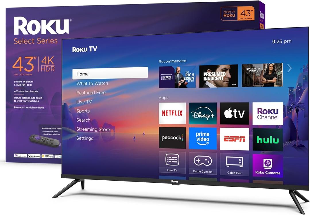 Roku Smart TV 2025  43-Inch Select Series, 4K HDR TV  RokuTV with Enhanced Voice Remote  Flat Screen LED Television with Wi-Fi for Streaming Live Local News, Sports, Family Entertainment