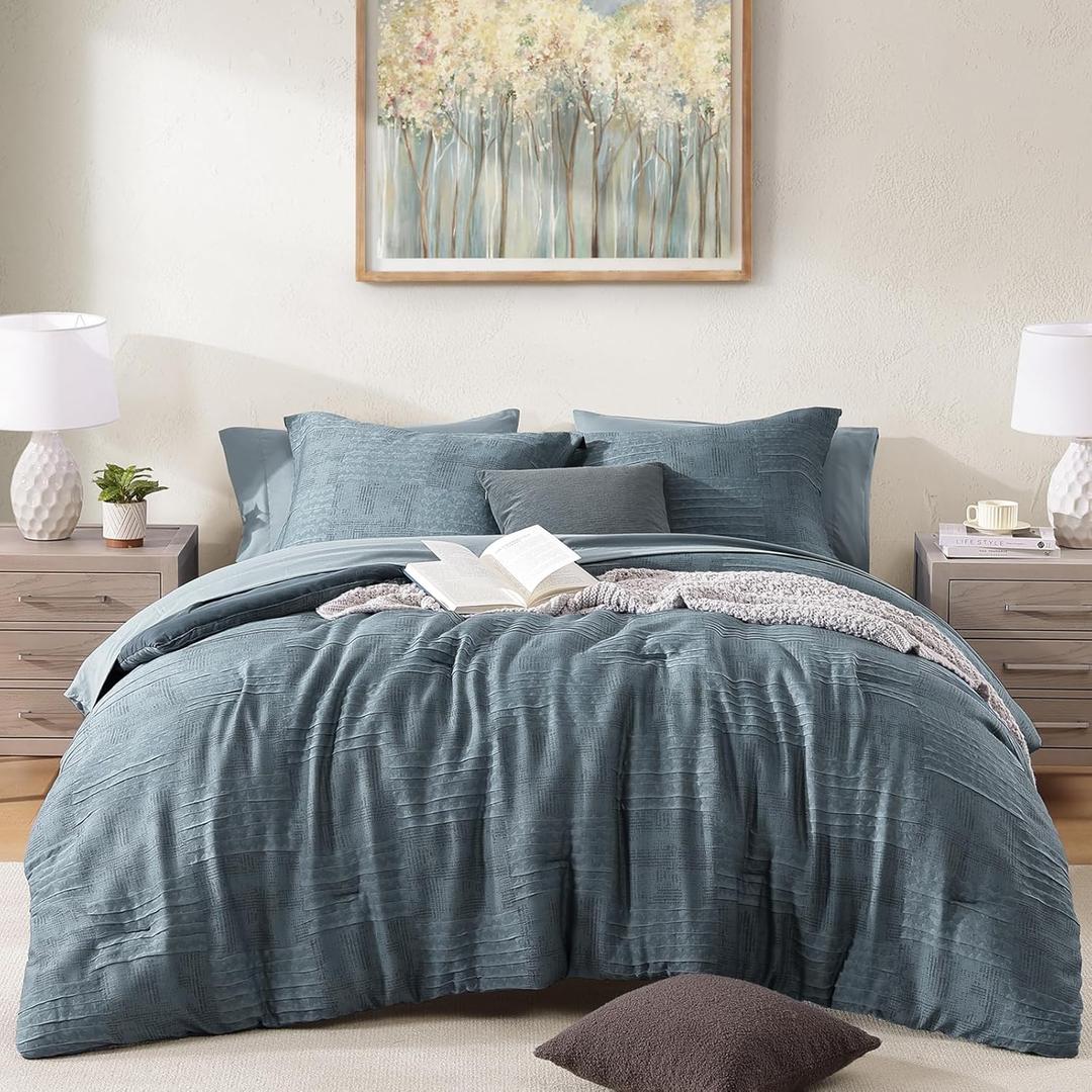 MaiRve Queen Comforter Set Dusty Blue, Textured Design Crinkle Bedding Sets 7 Pieces, All Season Bed in A Bag with Comforter, Sheets, Pillowcases & Shams