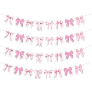 Neyeidru Bow Birthday Decorations Banner - 4Pcs Pink Bow Banner for Coquette Birthday Decorations Bow Garland Bunting for Girls Bow Party Decor Favor Supplies