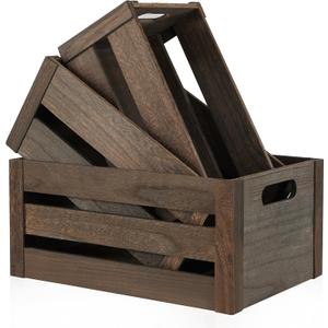 Wooden Crates 3 Pack, Nesting Handmade Wood Crates for Storage, No Installation Wooden Storage Box with Cutout Handle for Display & Decor, Brown