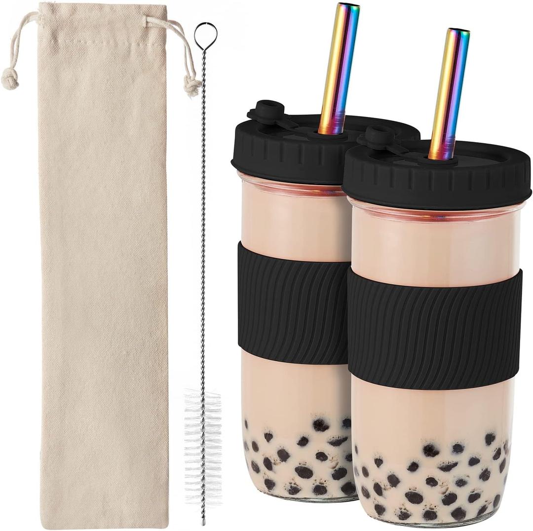 Amyoole 2 Pack Reusable Boba Cup,24Oz Wide Mouth Smoothie Cup,mason Jar Glass Cups with Lids and Straws,Bubble/Boba Tea Cups,Ice Coffee Tumbler 2 colored straws 1 sponge brush(Black)