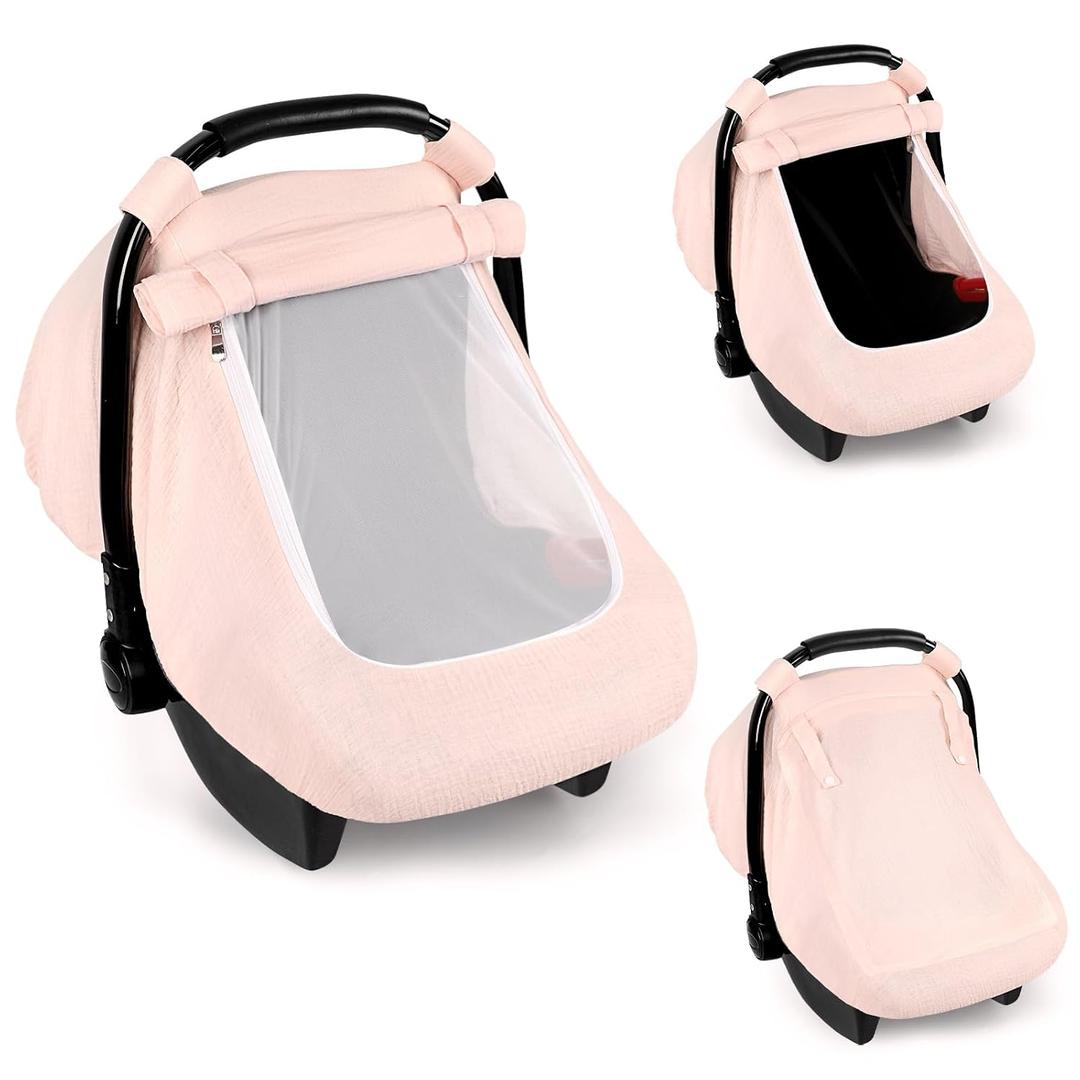 Hooyax Muslin Car Seat Cover Baby - Breathable and Privacy Car Seat Canopy with 3 Modes - Easy Install & Gift Box Packaging, Universal Fit for Infant Car Seats, Pink