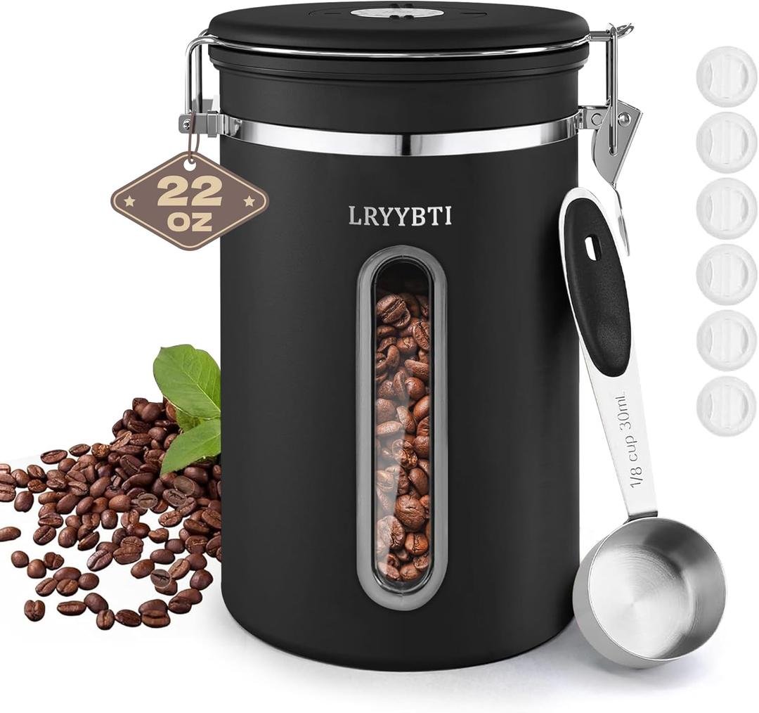 Coffee Canisters with Window,Scoop and Airtight Lid Stainless Steel Kitchen Bean Storage Grounds Container22OZ/Black)Date Tracker and Scoop for Grounds Coffee Bar Accessories Beans, Cereal, Sugar