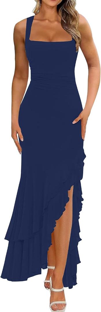 BORIFLORS Women's Elegant Bodycon Ruched Maxi Cocktail Dress Mesh Sleeveless Mermaid Ruffle Beach Wedding Guest Long Dresses (Blue, S)